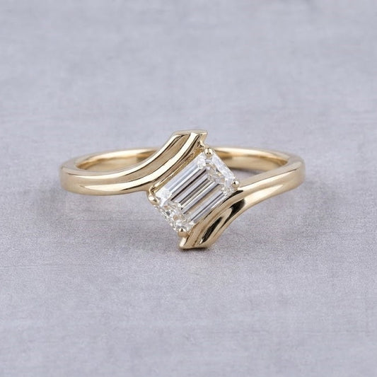Emerald Cut Lab Grown Diamond Bypass Engagement Ring in 18K Yellow Gold Minimalist Modern Ring for Her