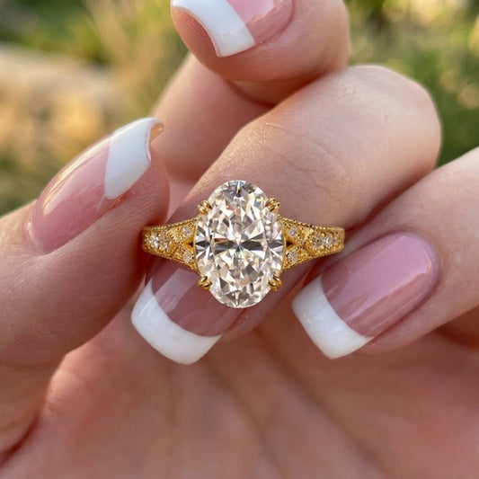 Oval Cut Lab Grown Diamond Engagement Ring Yellow Gold Vintage Inspired Halo Ring Unique Bridal Jewelry Gift for Her