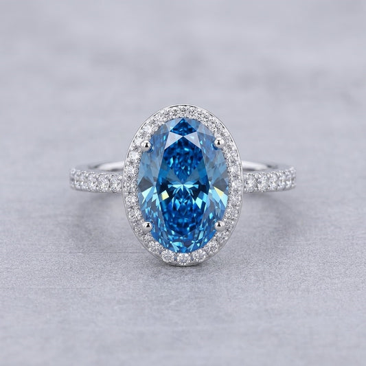 Oval Blue Lab Grown Diamond Halo Engagement Ring in 18K White Gold Vintage Inspired Bridal Ring for Her