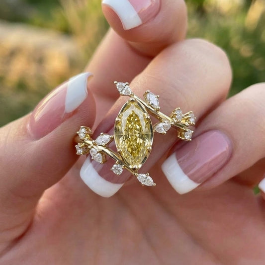 Canary Yellow Marquise Cut Lab Grown Diamond Engagement Ring Floral Leaf Ring Unique Gold Nature Inspired Bridal Jewelry for Her