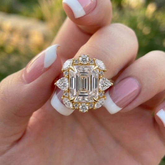 Emerald Cut Lab Grown Diamond Engagement Ring Halo Floral Cluster Yellow Gold Vintage Inspired Bridal Ring Luxury Jewelry