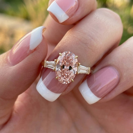 Pink Oval Cut Lab Grown Diamond Three Stone Ring in 18K Yellow Gold Baguette Engagement Ring for Women