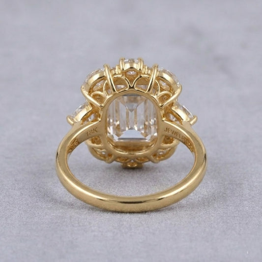 Emerald Cut Lab Grown Diamond Engagement Ring Halo Floral Cluster Yellow Gold Vintage Inspired Bridal Ring Luxury Jewelry