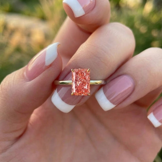 Pink Radiant Cut Lab Grown Diamond Engagement Ring Solitaire Yellow Gold Ring Minimalist Bridal Jewelry Promise Ring