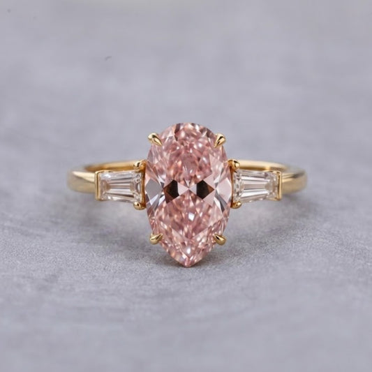 Pink Oval Cut Lab Grown Diamond Three Stone Ring in 18K Yellow Gold Baguette Engagement Ring for Women