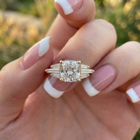 Cushion Cut Lab Grown Diamond Engagement Ring in 18K Yellow Gold with Baguette Side Stones Vintage Bridal Ring