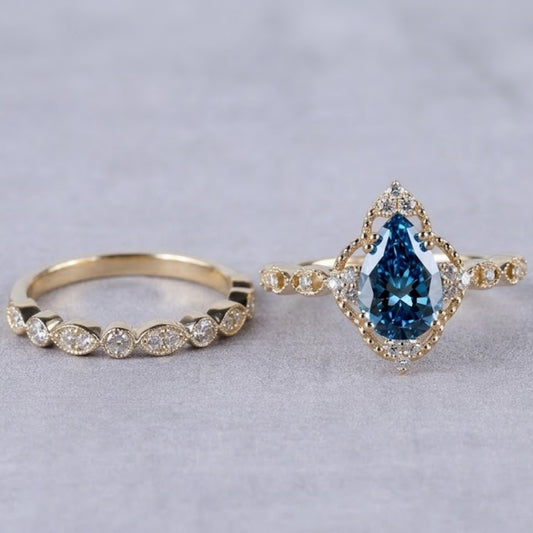 Blue Pear Cut Lab Grown Diamond Bridal Ring Set in 18K Yellow Gold Vintage Halo Engagement Ring for Women