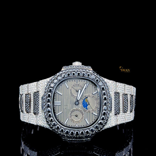 Luxury Two Tone Black and White Diamond Fully Iced Out Watch with Moonphase Dial and Custom Baguette Accents for Men SwanDiamond