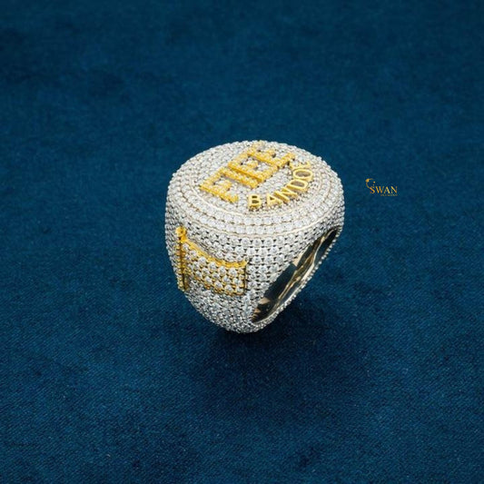 Hip Hop ring Custom Iced Out Diamond Ring with FIEE Bandoe Letter Design Micro Pave Round Diamonds Gold and Silver Jewelry SwanDiamond