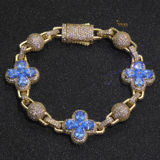 Elegant Flower Link Diamond Bracelet Gold and White Gold Plated with Blue and Clear Stones Fully Iced Out Pave Setting Luxury Hip Hop Jewelry for Men and Women swandiamond