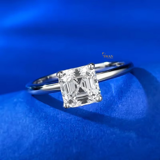 Asscher Cut Diamond Solitaire Engagement Ring in Solid White Gold Classic Four Prong Setting Elegant Bridal Jewelry Gift for Her swandiamond
