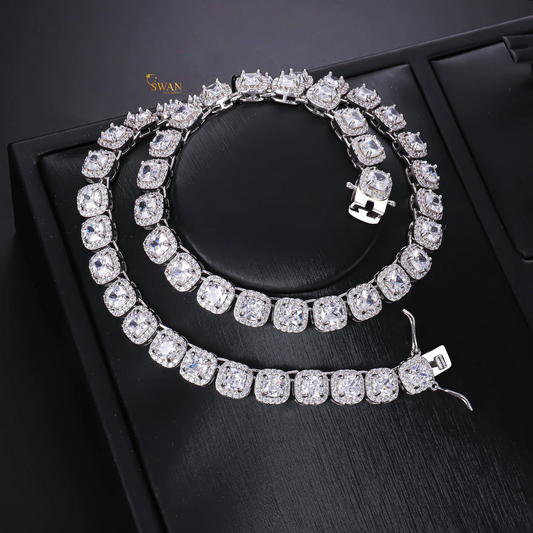 Cushion Cut & Round Brilliant Diamond Tennis Necklace in White Gold with Halo Setting Luxury Statement Jewelry Men for Women Anniversary Gift swandiamond