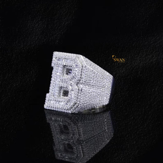 Iced Out B Initial Hip Hop Ring in White Gold with Full Diamond Pave Sparkle Custom Letter Bling Statement Jewelry for Men Rapper Style SwanDiamond