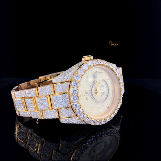 Sky Dweller Iced Out Yellow Gold Watch Diamond Bezel Custom Luxury Men’s Timepiece Jewelry Gift SwanDiamond