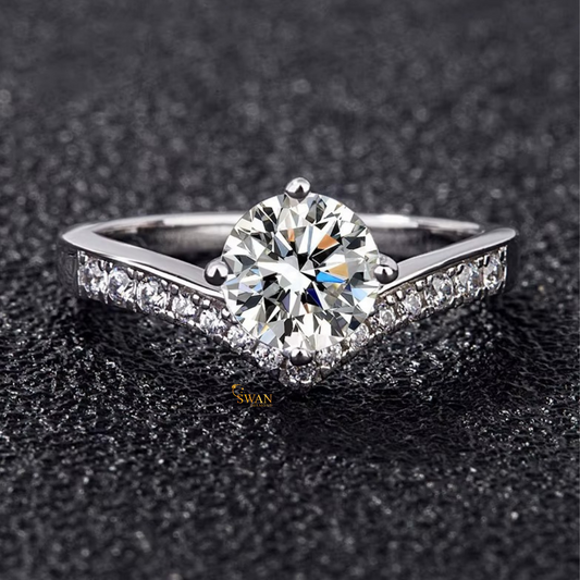 Round Cut Diamond Solitaire Engagement Ring White Gold Chevron Pavé Band Elegant Modern Bridal Jewelry Gift swandiamond