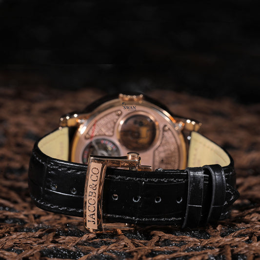 Jacob & Co Roulette Luxury Watch with Diamond-Set Dial, Red Green Black Detailing, and Premium Black Leather Strap SwanDiamond