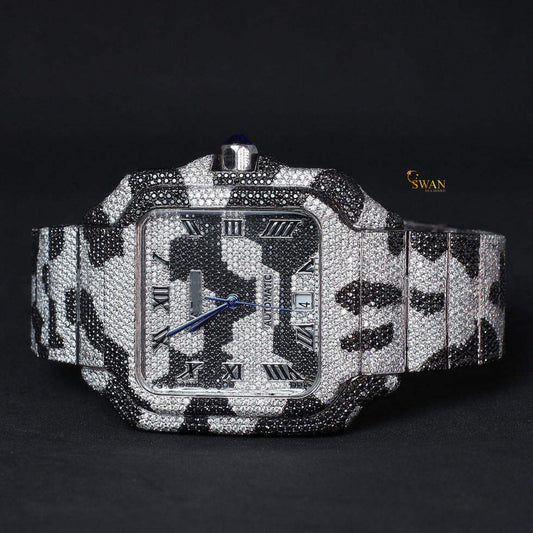 Luxury Iced Out Diamond Watch Black and White Camouflage Design Square Dial Automatic Custom Hip Hop Jewelry Statement Timepiece swan diamond