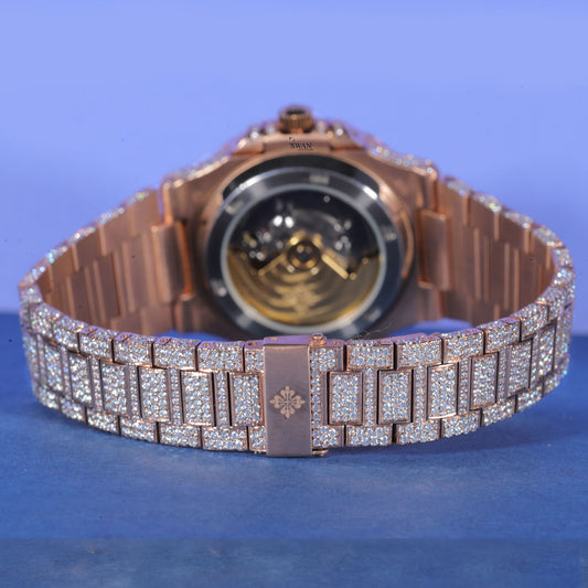Luxury Fully Iced Rose Gold Timepiece with Pavé-Set Diamonds SwanDiamond