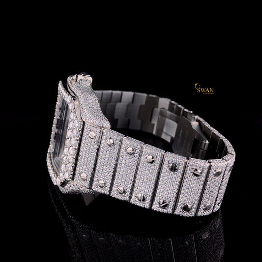 Luxury Iced Out Square Diamond Watch with Roman Numeral Dial Full Pave Bracelet and Large Round Bezel Stones Classic Style SwanDiamond