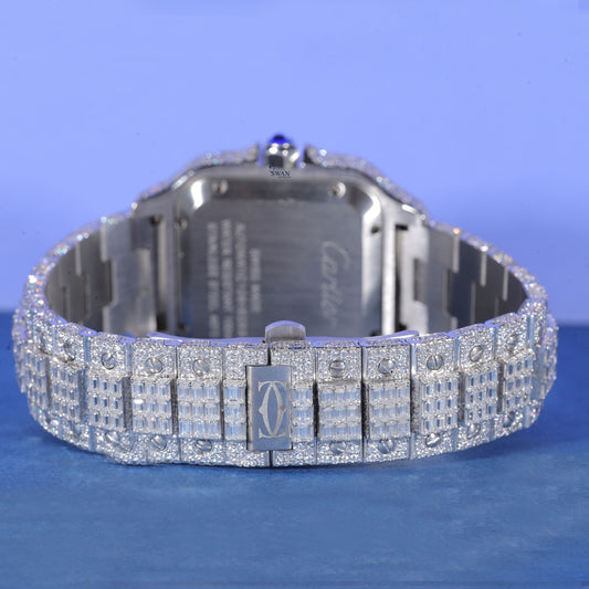 Custom Cartier Style Fully Iced Out Baguette Diamond Watch in White Gold Finish – Ultimate Luxury Timepiece SwanDiamond
