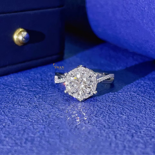 Round Cut Solitaire Halo Moissanite Engagement Ring in 925 Sterling Silver with Pavé Band Elegant Bridal Jewelry Gift for Her swandiamond