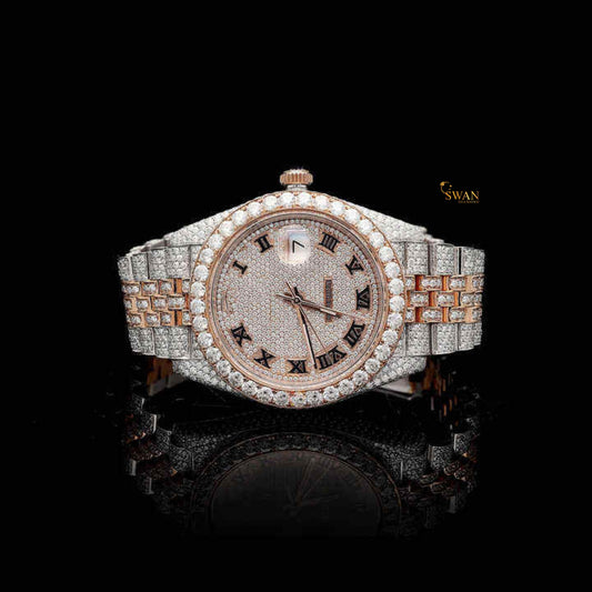 Luxury Diamond Watch with Rose Gold and White Gold Finish Fully Iced Out Roman Dial Elegant Design from SwanDiamond
