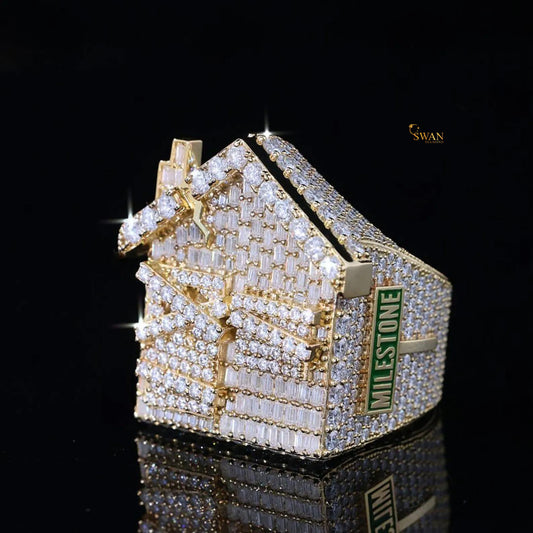 Custom House Milestone Hip Hop Ring Iced Out Gold and Diamond Baguette Bling Statement Jewelry for Rappers and Streetwear Bosses SwanDiamond