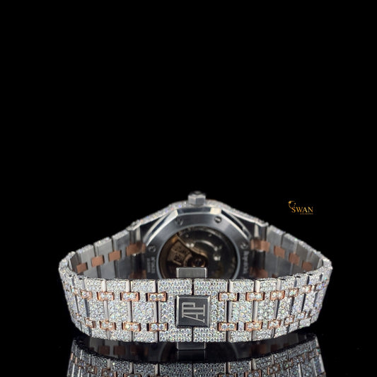 Luxury Two Tone Diamond Watch Fully Iced Out Rose Gold and Silver with Mother of Pearl Dial and Custom Pave Bracelet SwanDiamond