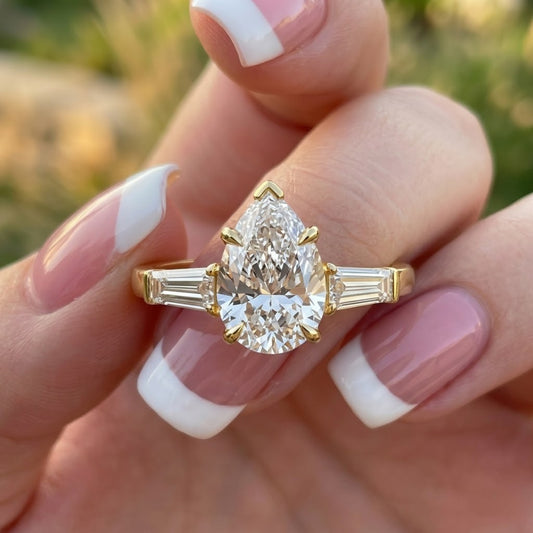 Pear Cut Lab Grown Diamond Engagement Ring in 18K Yellow Gold with Baguette Side Stones Three Stone Bridal Ring