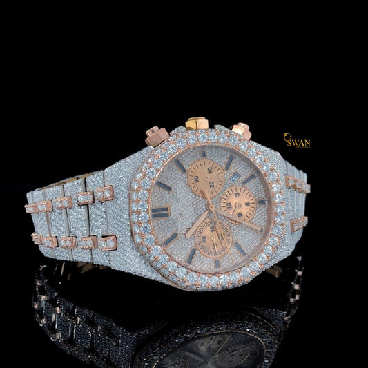 Luxury Two Tone Rose Gold Iced Out Diamond Chronograph Watch with Pave Dial Large Bezel Stones Full Bracelet Classic Style SwanDiamond