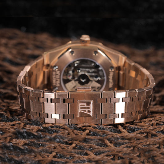 Rose Gold Blue Dial Luxury Watch with Sapphire Accents and Open Heart Design SwanDiamond