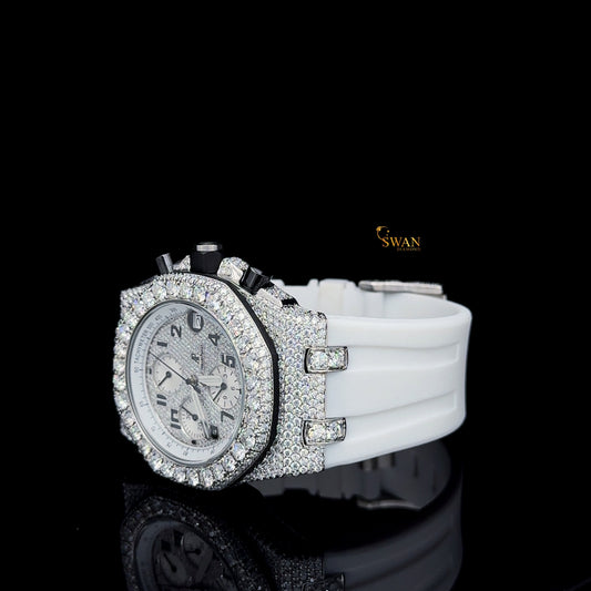 Designer Iced Out Diamond Chronograph Watch with White Strap Silver Dial Luxury Full Pave Bezel Unisex SwanDiamond