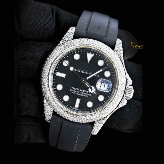 Luxury Custom Diamond Rolex Yacht Master with Black Dial and Rubber Strap Fully Iced Out Bezel SwanDiamond