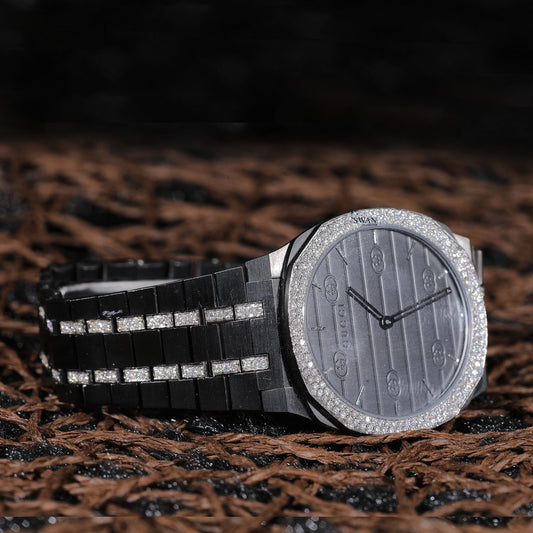 Black Luxury Watch with Diamond Bezel, Pave Link Bracelet, and Sleek Monochrome Dial for Modern Sophisticated Style SwanDiamond