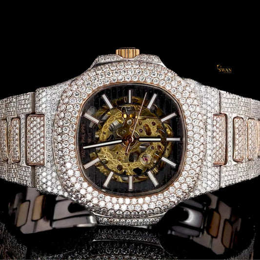 Luxury Iced Out Skeleton Automatic Watch with Full Diamond Pave Two Tone Rose Gold and Silver Stainless Steel Bracelet SwanDiamond