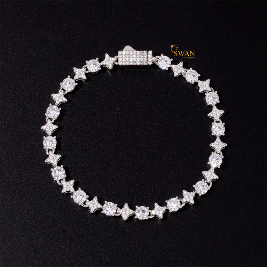 Iced Out Diamond Star Link Bracelet in White Gold and Yellow Gold with Round Cut Stones Luxury Unisex Statement Jewelry swandiamond