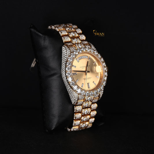 Luxury Gold Iced Out Diamond Day Date Watch with Champagne Dial Full Pave Bracelet and Large Round Bezel Stones Classic Style SwanDiamond