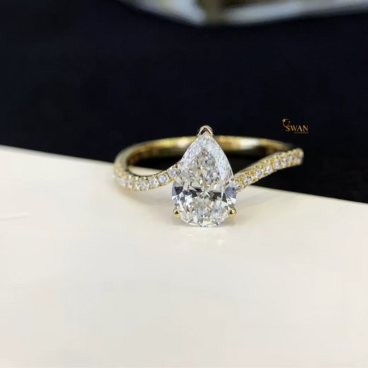 Pear Cut Diamond Engagement Solitaire Ring in Solid Gold with Pavé Band Elegant Teardrop Shape Modern Bridal Jewelry Gift for Her swandiamond