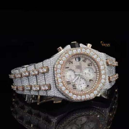 Luxury Iced Out Chronograph Diamond Watch Fully Paved with Round Cut Stones Rose Gold Accents Custom Timepiece High End Jewelry SwanDiamond