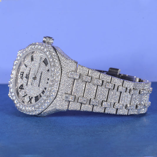 Roman Dial Iced Out Watch VVS1 Moissanite Custom Silver Timepiece Luxury Men’s Hip Hop Designer Wristwatch SwanDiamond