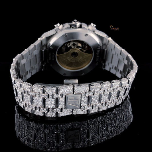 Mens Silver Diamond Watch Iced Out Chronograph Luxury Custom Fully Paved Bracelet High End Hip Hop Jewelry Timepiece SwanDiamond