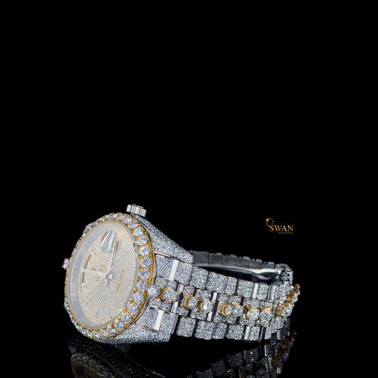 and ending with a strong keyword): Luxury Two Tone Iced Out Diamond Watch Fully Paved with Round Cut Stones Custom Bracelet High End Jewelry Gift Timepiece SwanDiamond