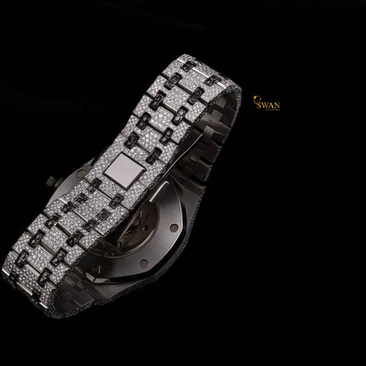 Luxury Iced Out Black Diamond Watch Silver and Black Two Tone Automatic with Unique Geometric Dial Custom Hip Hop Jewelry Gift swan diamond