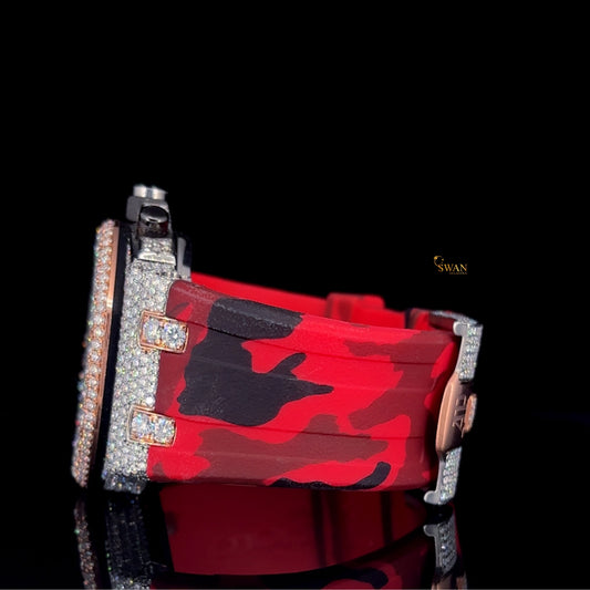 Luxury Iced Out Chronograph Watch with Diamond Bezel and Red Camouflage Rubber Strap Bold Statement Timepiece SwanDiamond