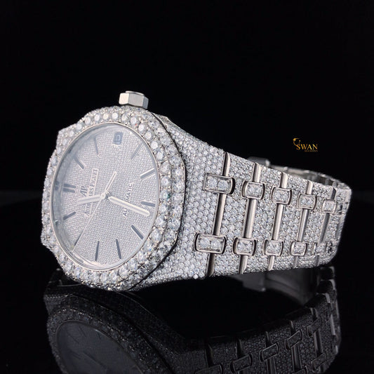 Luxury Iced Out Silver Automatic Diamond Watch with Full Pave Bracelet Custom Bezel High End Jewelry Timepiece for Men and Women swandiamond