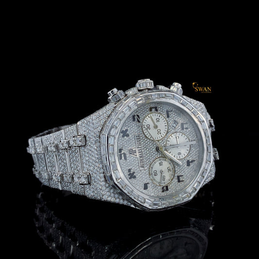 Luxury Iced Out Diamond Chronograph Watch with Baguette Bezel Full Pave Dial and Bracelet Bold Octagon Style Timepiece SwanDiamond