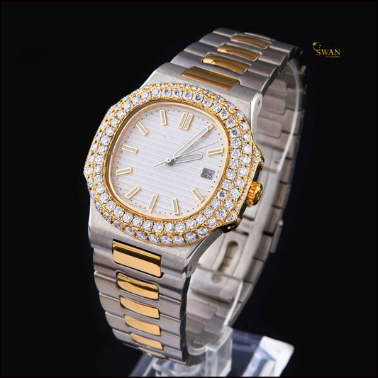 Two Tone Diamond Bezel Luxury Automatic Watch with Gold Accents and Stainless Steel Bracelet SwanDiamond