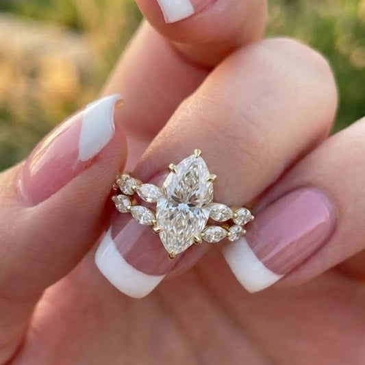 Marquise Cut Lab Grown Diamond Bridal Ring Set in 18K Yellow Gold Wedding Stack Engagement Ring for Women