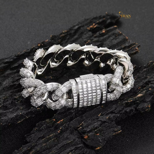 Icy Cuban Link Bracelet with Baguette and Round Cut Diamond Accents in White Gold Finish – Luxury Statement Jewelry swandiamond