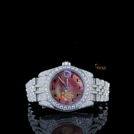 Iced Out Diamond Watch with Red Mother of Pearl Dial Fully Paved Bracelet Luxury Timepiece SwanDiamond